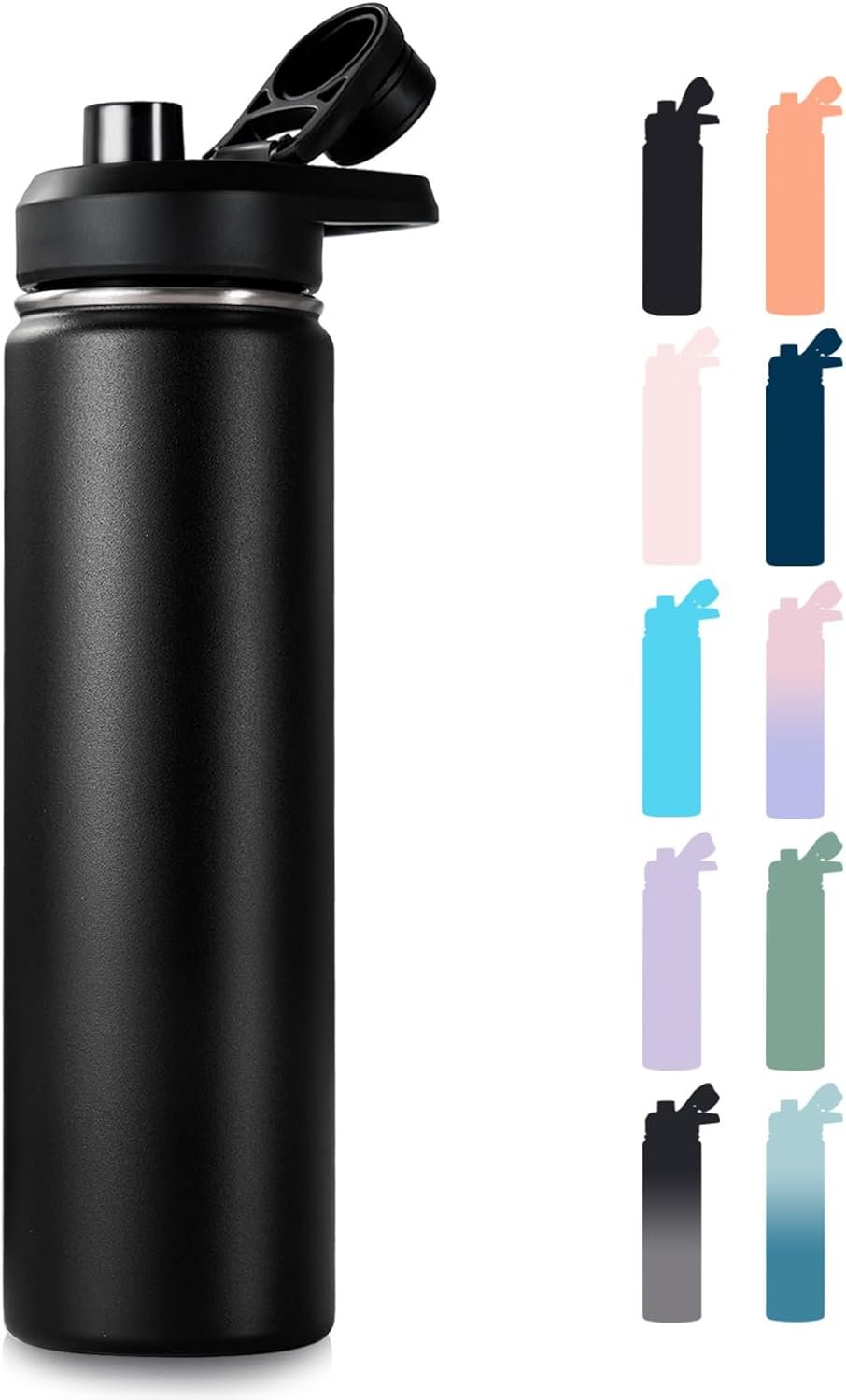 Fijinhom Insulated Water Bottle with Handle, 304 Stainless Steel Water Bottles with Wide Mouth, Double Wall Vacuum Sports Water Bottle, BPA Free, Keep Cold and Hot, 24 Ounces, Black | with Handle