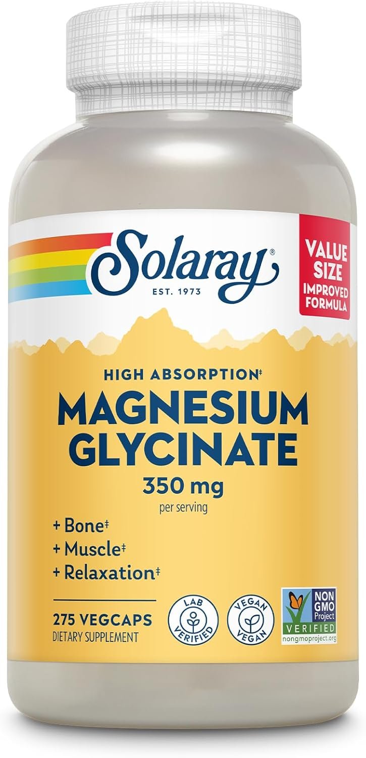 SOLARAY Magnesium Glycinate Capsules, Chelated Magnesium Bisglycinate w/BioPerine, Higher Absorption Magnesium Supplement – Bones, Muscles, Heart Support, Vegan, 68 Servings, 275 VegCaps | Essential mineral supplement for everyday wellness