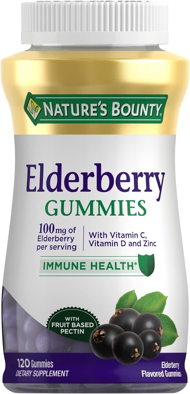 Nature’s Bounty Elderberry Gummies, Dietary Supplement, Supports Immune Health, Contains Vitamin A, C, D, E and Zinc, 100 mg, 120 Gummies