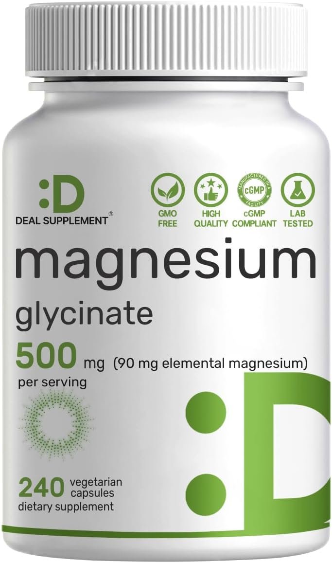 Deal Supplement Magnesium Glycinate 500mg Per Serving, 240 Veggie Capsules | 100% Chelated Magnesium Glycinate, Essential Mineral Supplement for Women & Men. Non-GMO, Gluten-Free.