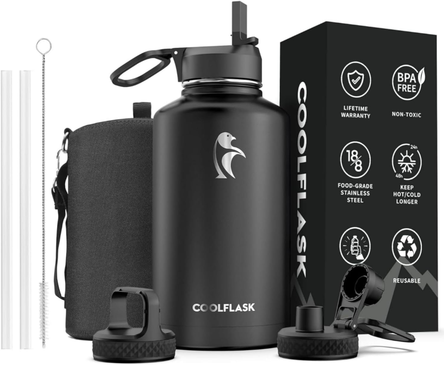 64 oz Water Bottle Insulated with Straw & 3 Lids, Coolflask Large Metal Stainless Steel Water Jug Big Half Gallon Wide Mouth for Sports, Gym or Hiking, Non-BPA Keep Cold 48H Hot 24H, Magic Black
