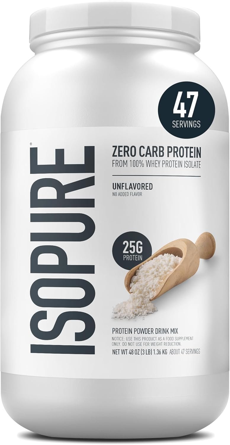 Isopure Zero Carb 100% Pure Whey Isolate Protein Powder, Gluten Free, with Vitamins, Unflavored, 25g Protein Per Serving, 3 Lbs, 47 Servings (Packaging May Vary)