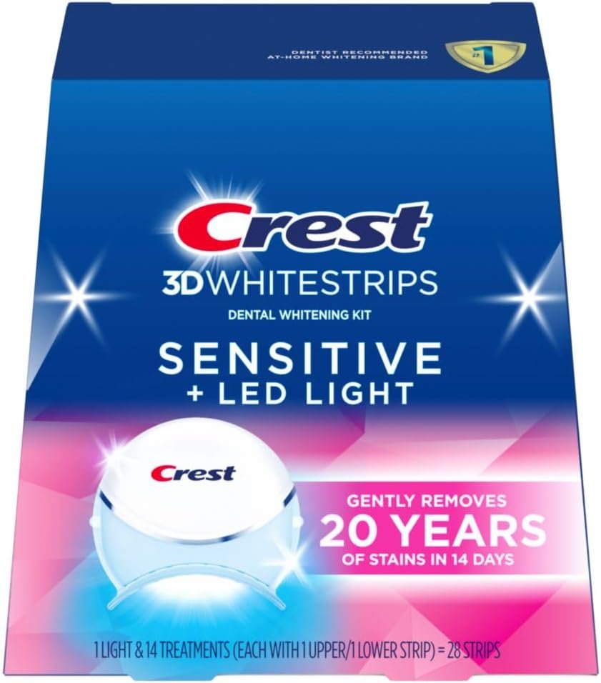 Crest 3D Whitestrips Sensitive & Gentle + LED Light – Teeth Whitening Kit, 1 Light + 14 Treatments, Each with 1 Upper/1Lower, 28 Strips – Crest 3DWhite Teeth Whitening Strips