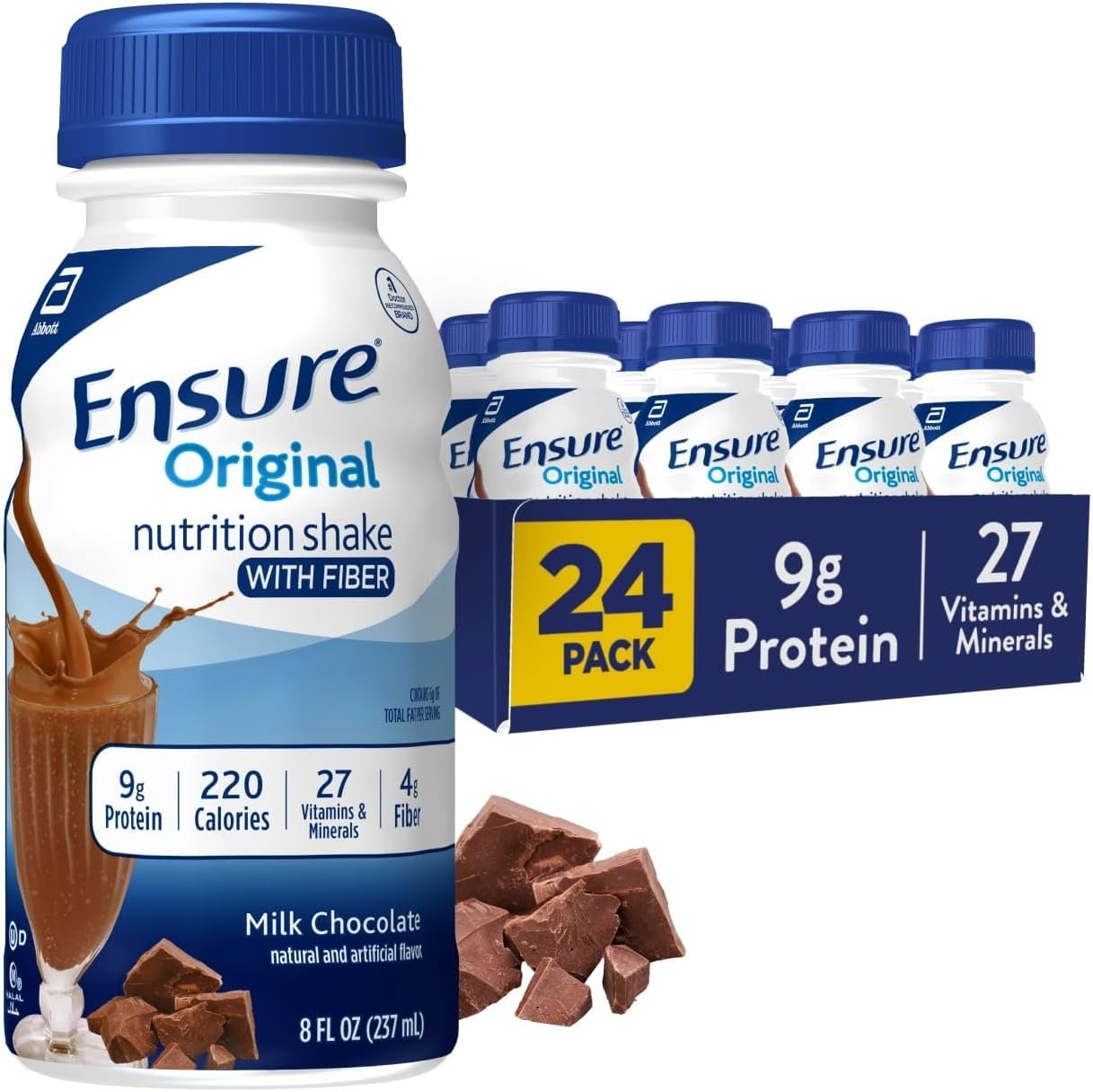 Ensure Original Milk Chocolate Nutrition Shake With Fiber | Small Meal Replacement Shake | Ready to Drink | 9g Protein, 27 Vitamins and Minerals | 8 fl oz – 24 Pack