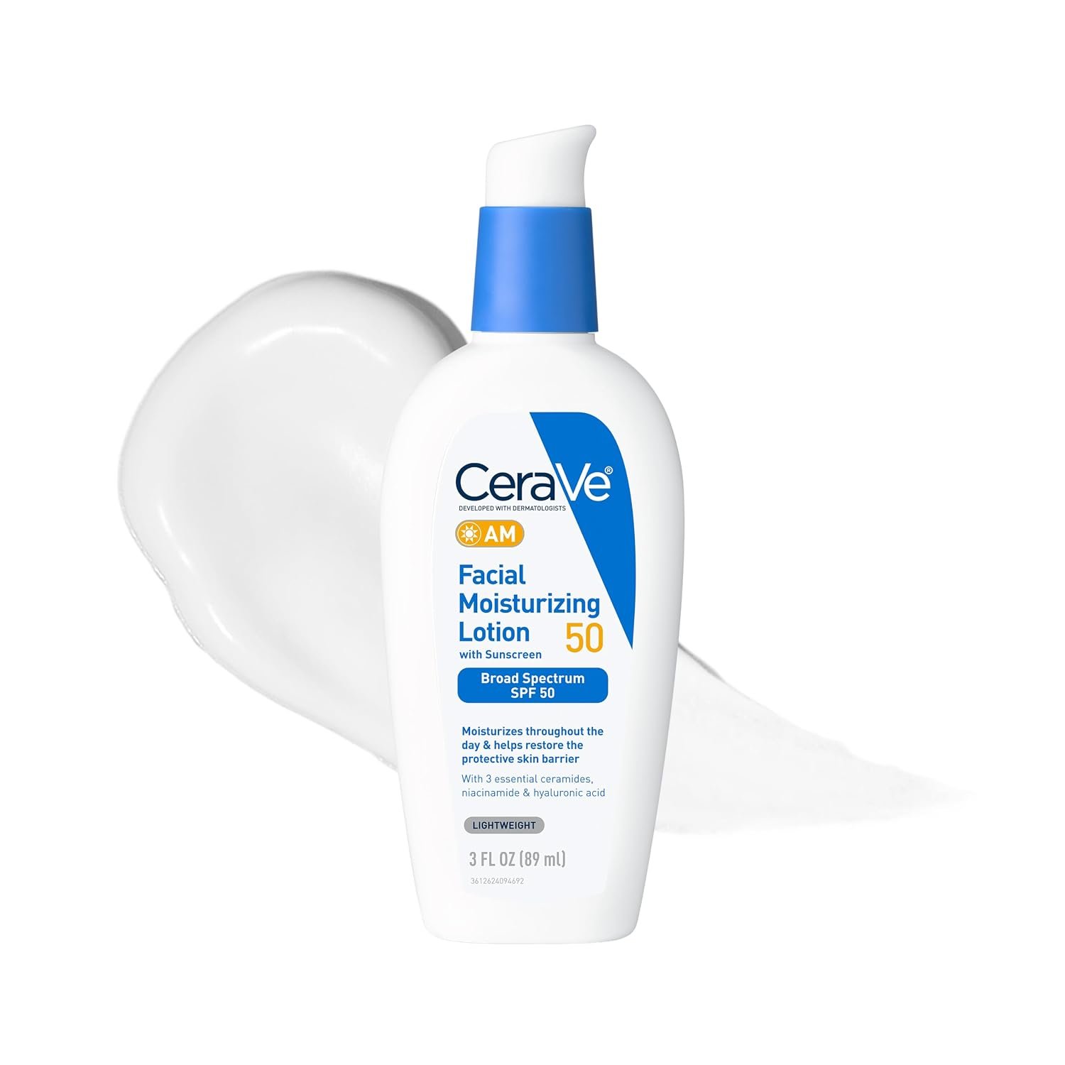 CeraVe AM Facial Moisturizing Lotion SPF 50, Face Moisturizer with SPF, Hyaluronic Acid, Niacinamide & Ceramides, Non-Greasy, Blends Seamlessly With No White Cast, Non Comedogenic Sunscreen, 3 Oz