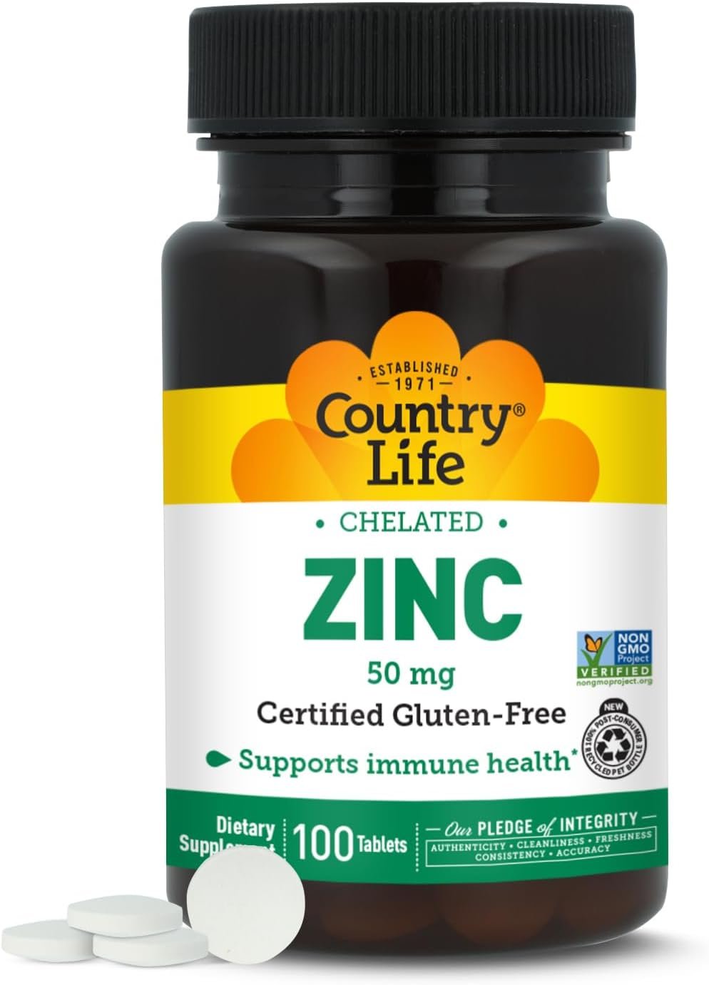 Country Life Chelated Zinc 50 mg, Immune Support, 100 Tablets | 50 mg of chelated zinc supports immune health, normal cellular function and protein synthesis in one daily tablet