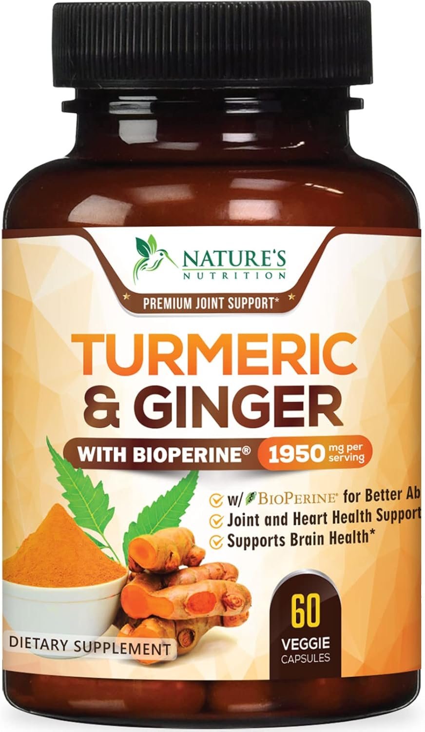 Turmeric Curcumin Supplement – 95% Curcuminoids with Organic Turmeric & Ginger, BioPerine Black Pepper Extract for Best Absorption, Natural Vegan Joint Support, Non-GMO, Bottled in USA – 60 Capsules