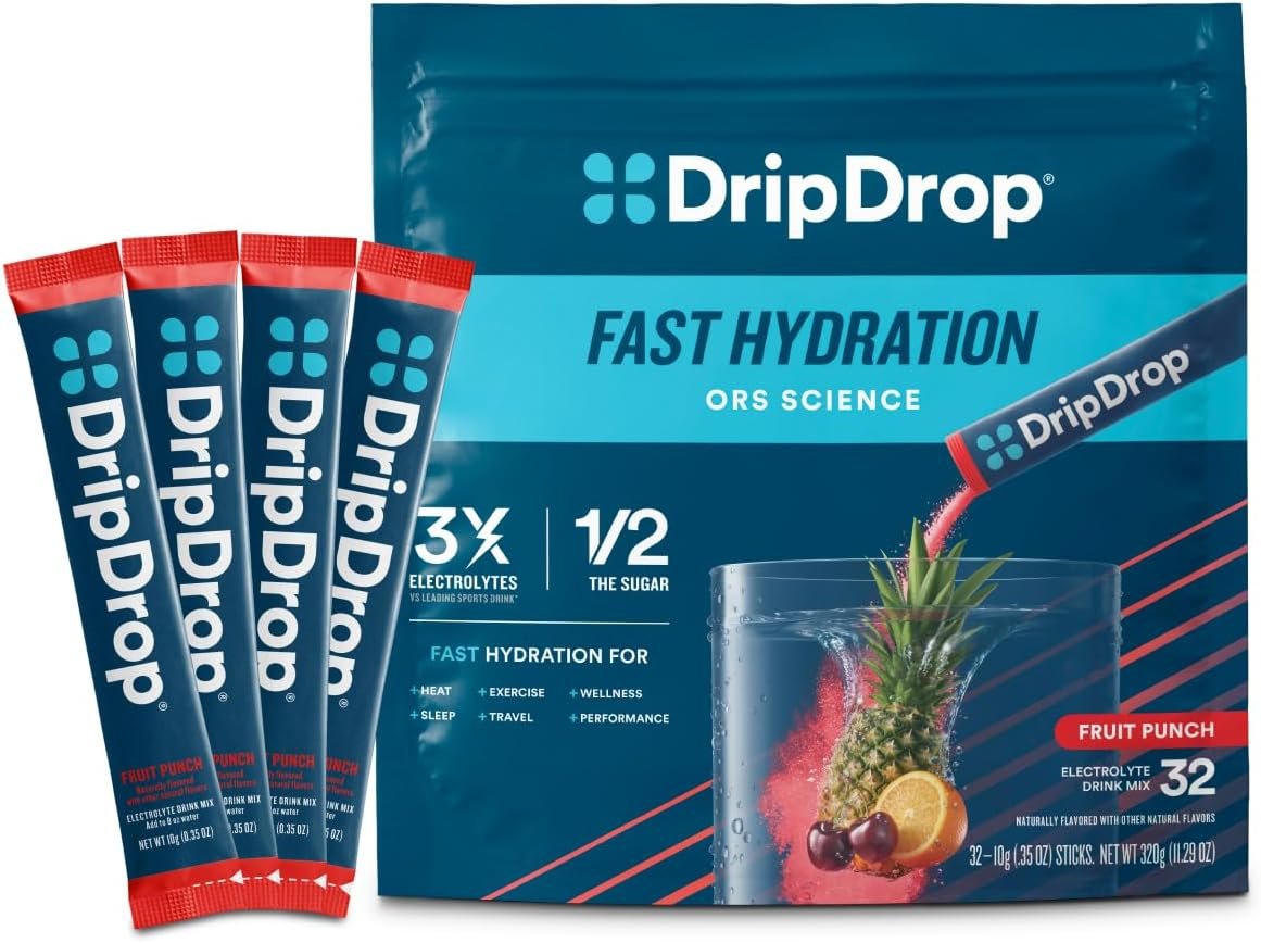 DripDrop Hydration Fruit Punch Electrolyte Packets, Drink Mix, 32 Count | Fruit Punch; 3X Electrolytes; Potassium, Magnesium, Zinc, Vitamin C; Single Serve; Portable; Daily Use, Workouts, Travel