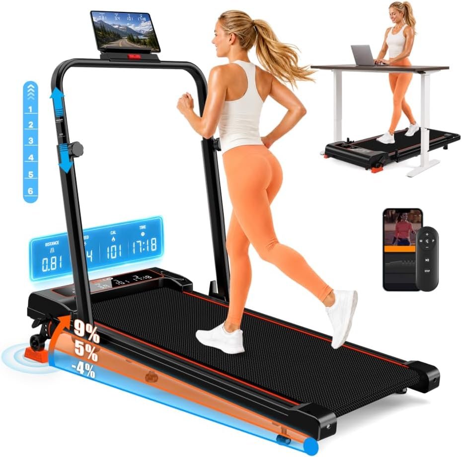 Walking Pad Treadmill with Incline 9% & Decline -4% 5 Level, Foldable Under Desk Treadmill for Home Office, Powerful BLDC TORQGLIDE, 4 Metrics Large Display, Compact Walking Pad with 6-Level Handrails