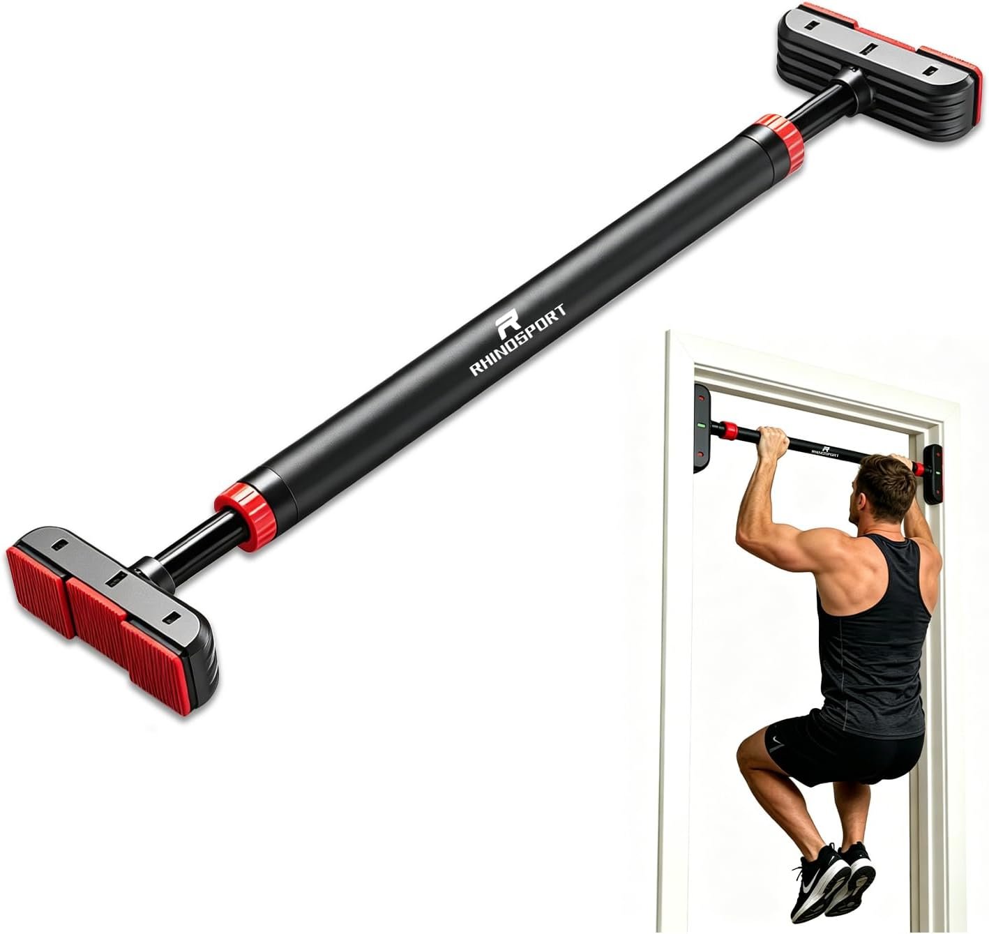 RHINOSPORT Door Pull Up Bar Doorway Chin Up Bar from 69-92 cm (27.1in-36.2in) Workout Equipment for Home Gym Upper Body Workout Non-Slip