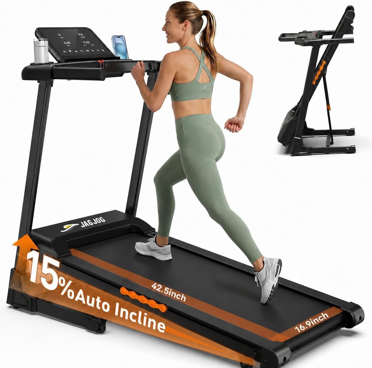 JAGJOG Foldable Treadmill with 15% Auto Incline, 8.8 MPH, 300 lb Capacity | Shock Absorption, LED Display, App Connectivity, 12 Preset Programs