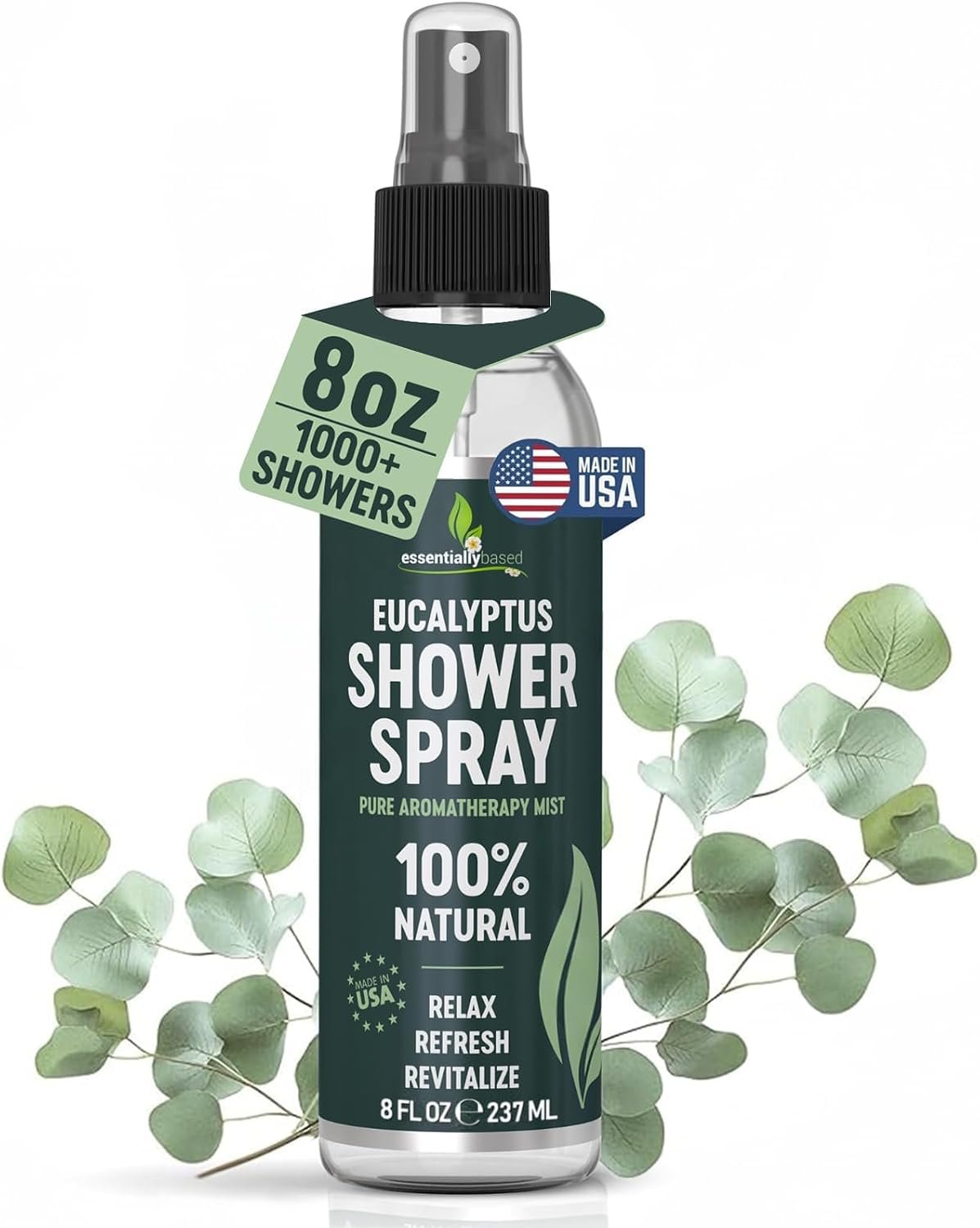 Pure Eucalyptus Shower Spray – Eucalyptus Spray for Shower, Sauna and Spa | 100% Pure & Organic Oil – Steam Room Oil – Aromatherapy – Sinus Congestion Relief – Tension Relief – Made in USA – Big (8oz)