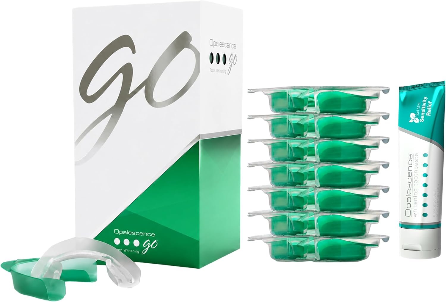 Opalescence GO 15 Mint Whitening Bundle (7 Treatments) & Toothpaste – 6288 | 15% Hydrogen Peroxide Prefilled Teeth Whitening Trays Includes Travel Whitening Sensitivity Toothpaste 1 Oz – Mint Flavor