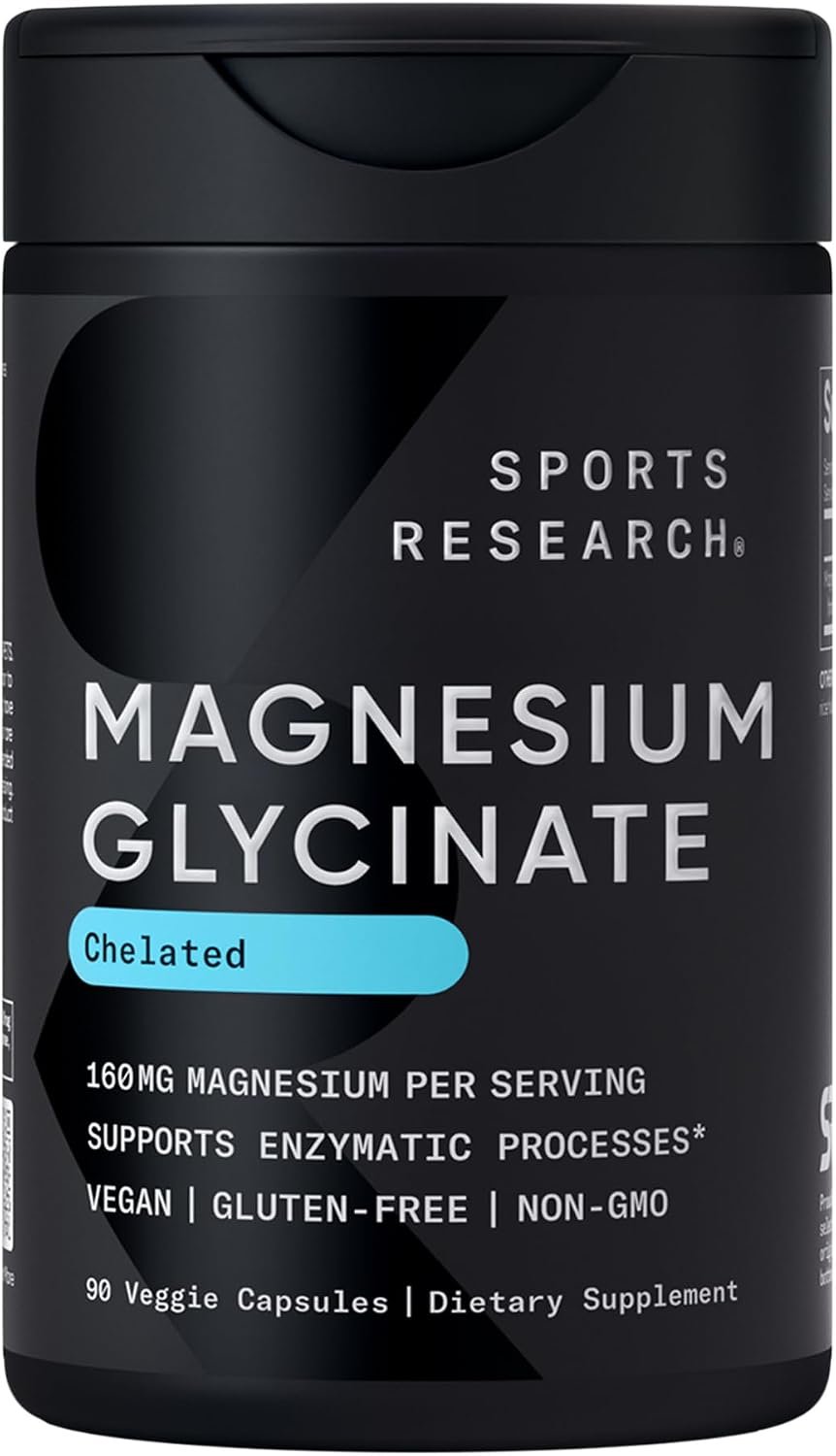 Sports Research® Magnesium Glycinate 160mg, 90 Veggie Capules | 1441mg Cheletated Magnesium per Serving | Gentle on the Stomach | Non-GMO, Soy Free, Essential Mineral