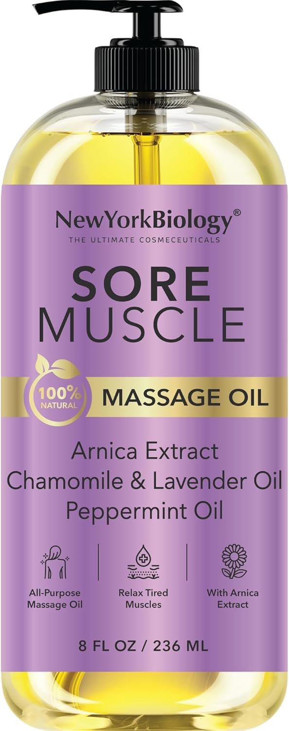 New York Biology Sore Muscle Massage Oil 8 Fl Oz – Made with 100% Natural Oils – Soothing Body Massage Oil – Absorbs Easily