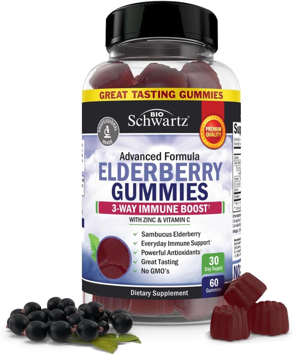 BioSchwartz Elderberry Gummies with Zinc and Vitamin C – Natural Immune Support for Adults & Kids – Black Sambucus Elderberries – Third-Party Tested, Non-GMO, Vegan Multimineral Supplement, 60 Count