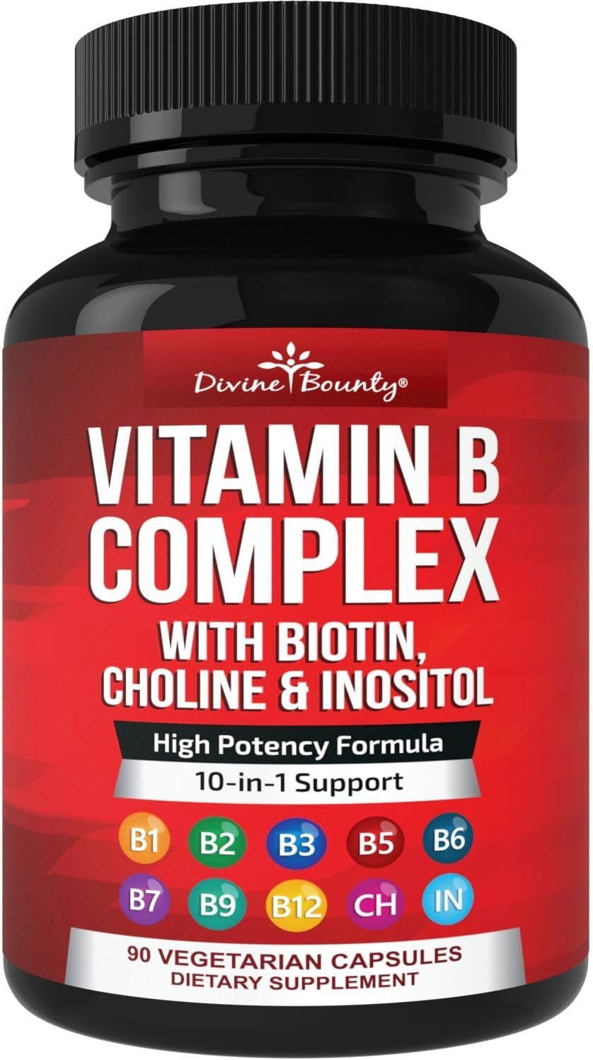Divine Bounty Super B Complex Vitamins – All B Vitamins Including B12, B1, B2, B3, B5, B6, B7, B9, Folic Acid – Vitamin B Supplement – Support Healthy Energy Metabolism – 90 Vegetarian Capsules | Super B Complex Vitamins B1 B2 B3 B5 B6 B7 B9 B12 for Men & Women, Supports Healthy Energy Metabolism, Vegetarian Capsules