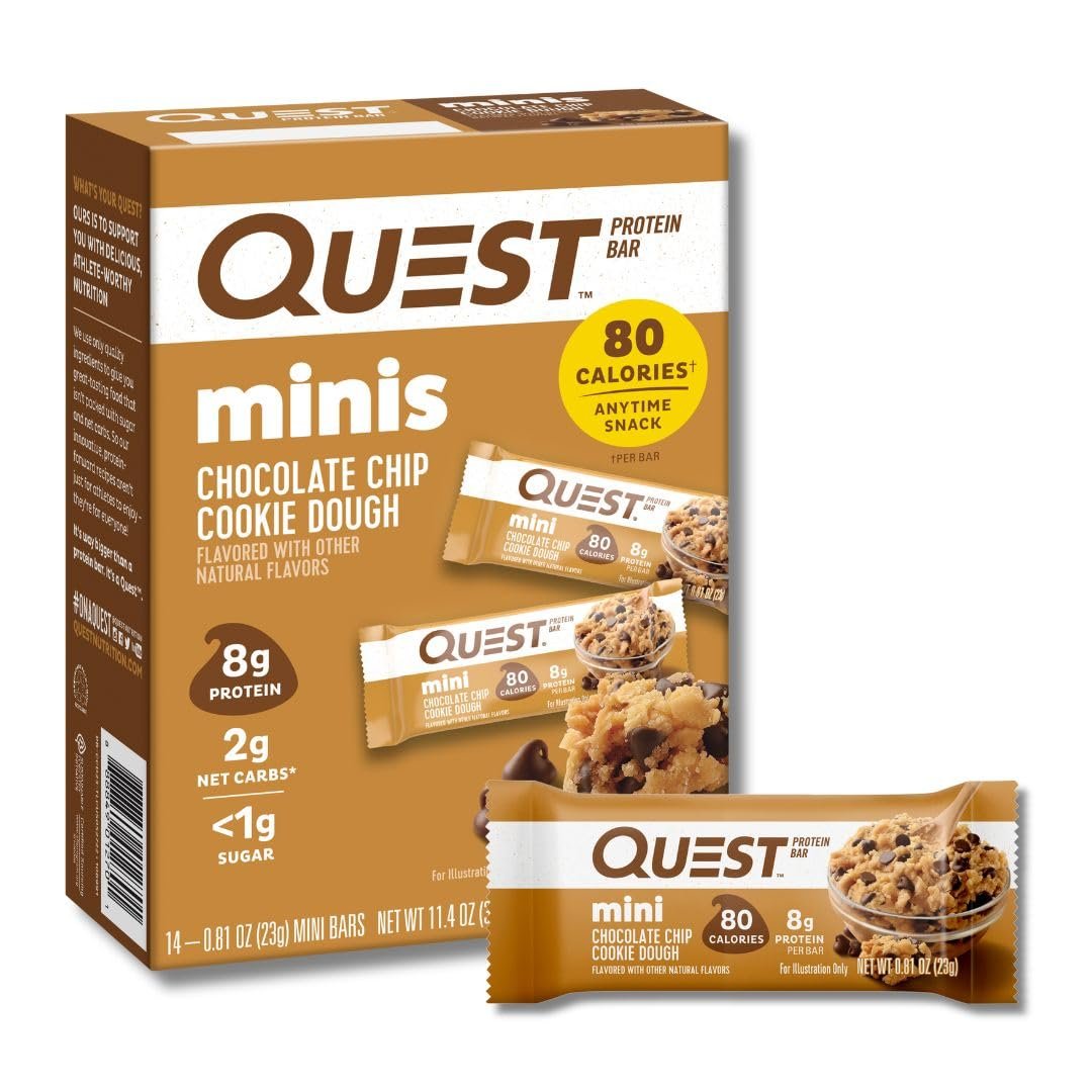 Quest Nutrition Mini Protein Bars, Chocolate Chip Cookie Dough, 14 Count | 8g Protein, Less Than 1g Sugar, 2g Net Carbs, 5g Fiber, Gluten Free, High Quality Protein, Individually Wrapped 0.81oz Bars