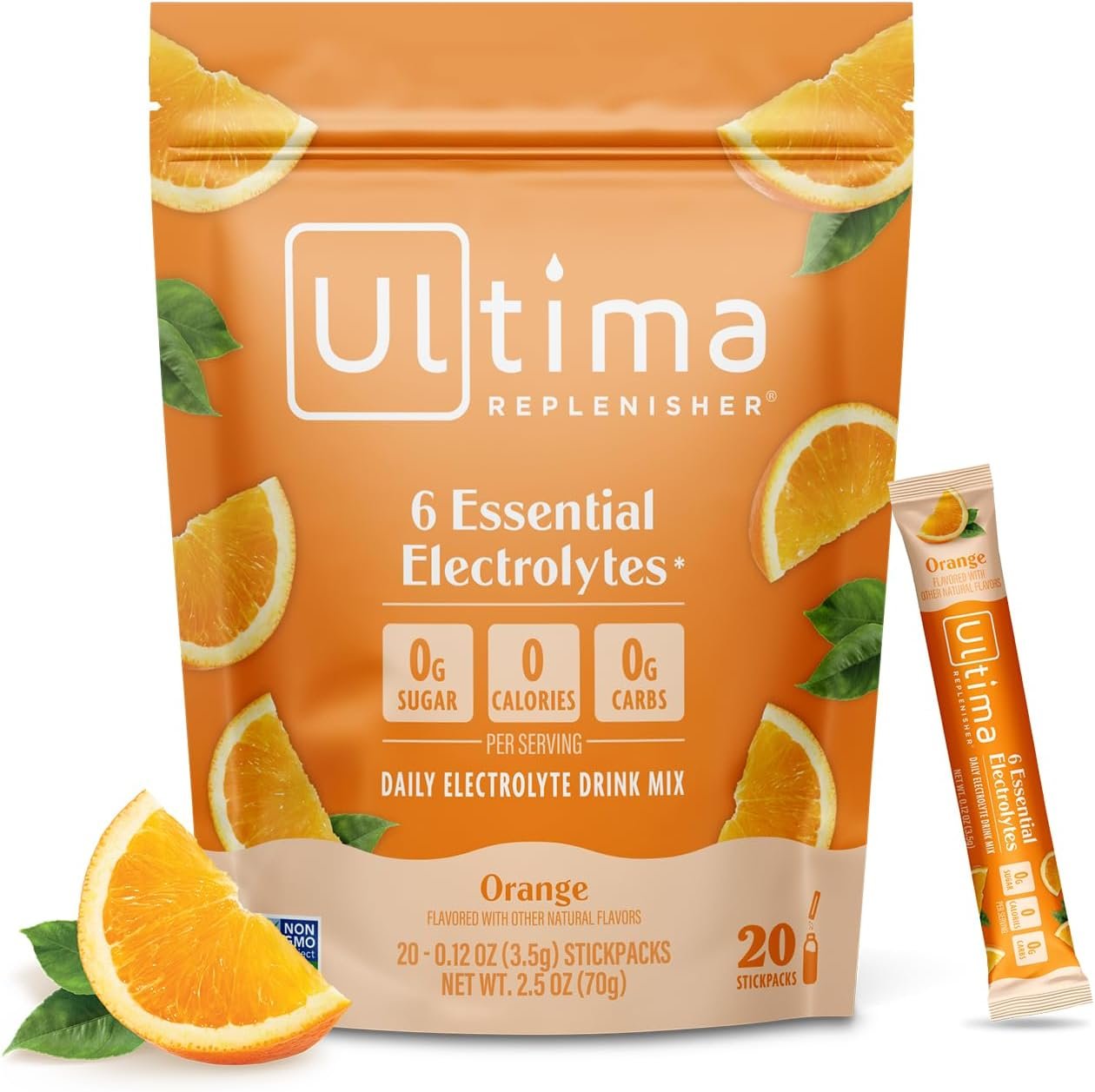 Ultima Replenisher Orange Electrolyte Packets, 20 Stickpacks | Daily Zero Sugar Powder Hydration Packets with 6 Key Electrolytes & Minerals – Sugar Free, Plant Based & Keto Friendly
