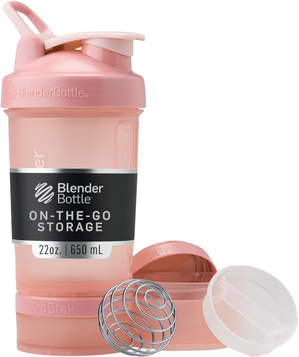 BlenderBottle ProStak Plastic Pill Organizer and Storage 22 oz Rose Pink | Leak-Proof | Blenderball Whisk Technology | Protein Shakes | Supplements | Hydration