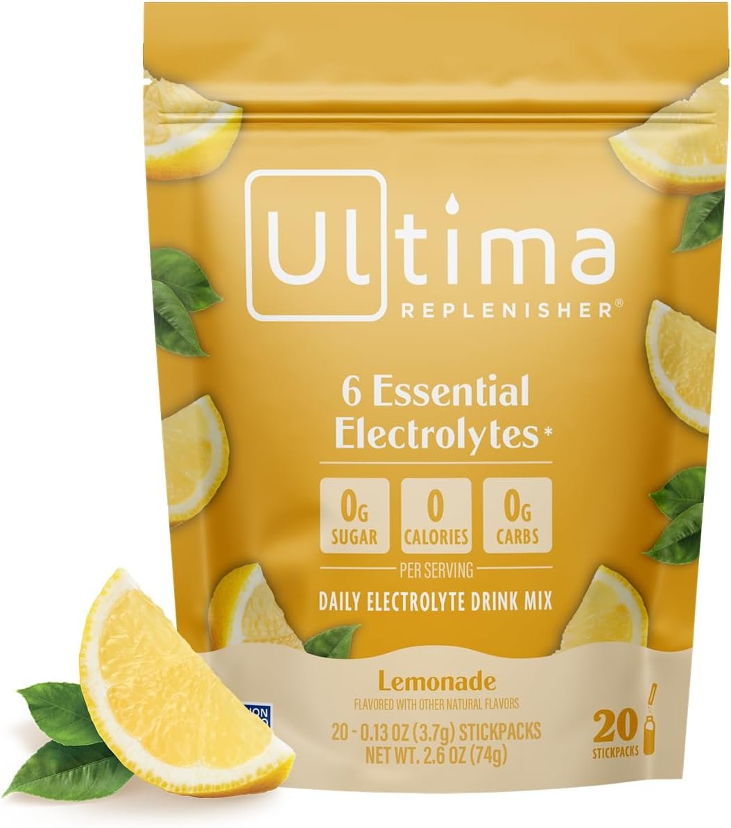 Ultima Replenisher Lemonade Electrolyte Packets, 20 Stickpacks | Daily Zero Sugar Powder Hydration Packets with 6 Key Electrolytes & Minerals – Sugar Free, Plant Based & Keto Friendly