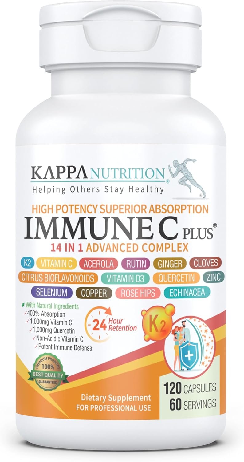 KAPPA NUTRITION Immune C Plus® 14 in 1 Advanced Complex | 1,000 mg Non-Acidic Vitamin C + Quercetin + Vitamin D3 5,000 IU + Vitamin K2 MK-7 + Zinc, Selenium & Copper | 120 Capsules