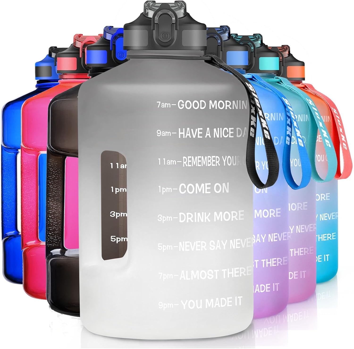 SLUXKE 1 Gallon Motivational Sports Water Bottle with Time Marker, BPA Free 128oz Leak Proof Jug, Black, Plastic, 128 ounces, Fitness, Sports, Outdoor Activities