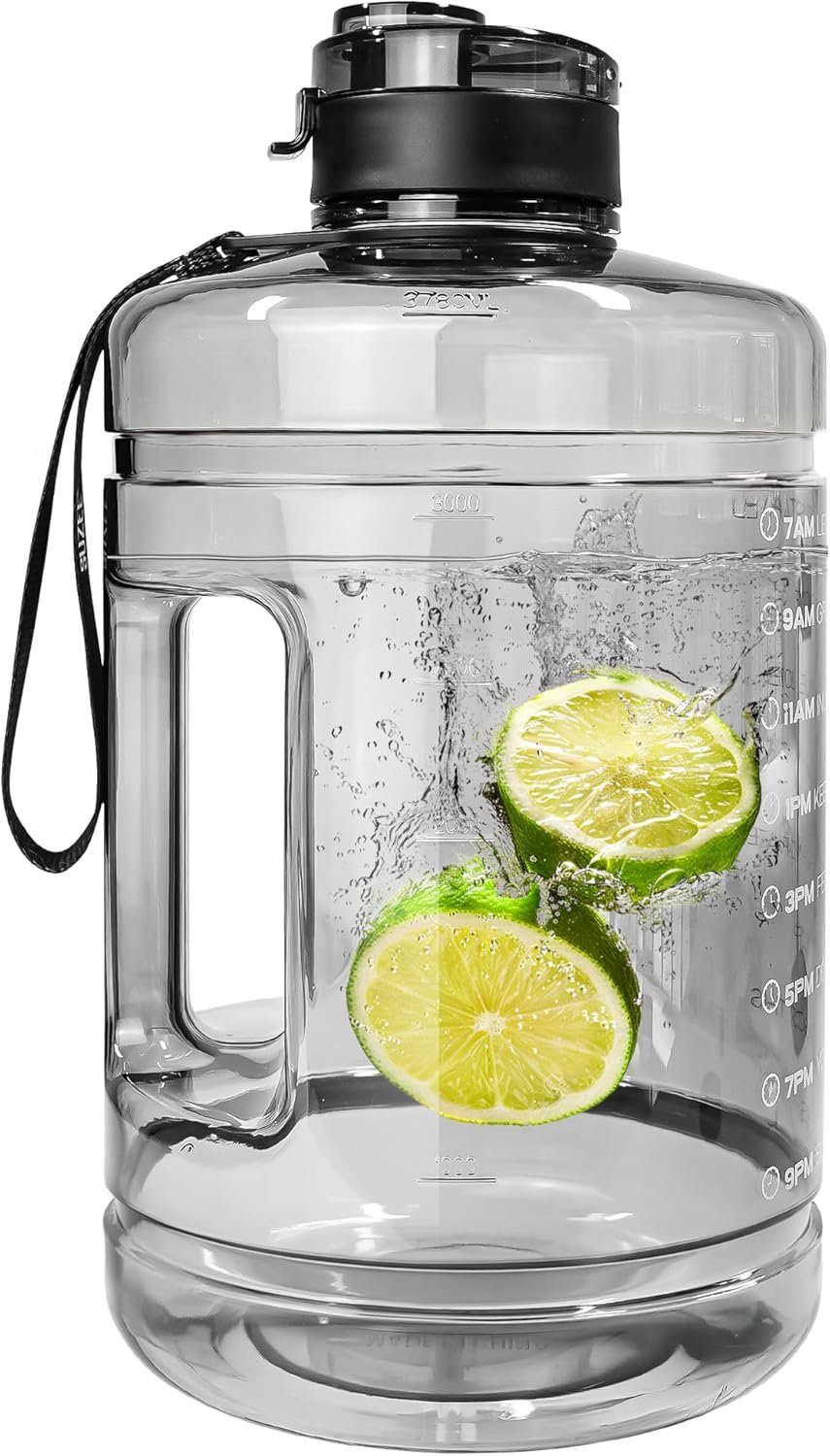 1 Gallon Water Bottle, Water Jug with Motivational Time Marker & Strap & Handle,Large-Capacity leakproof water bottles for Travel Sport Gym Outdoor（Clear