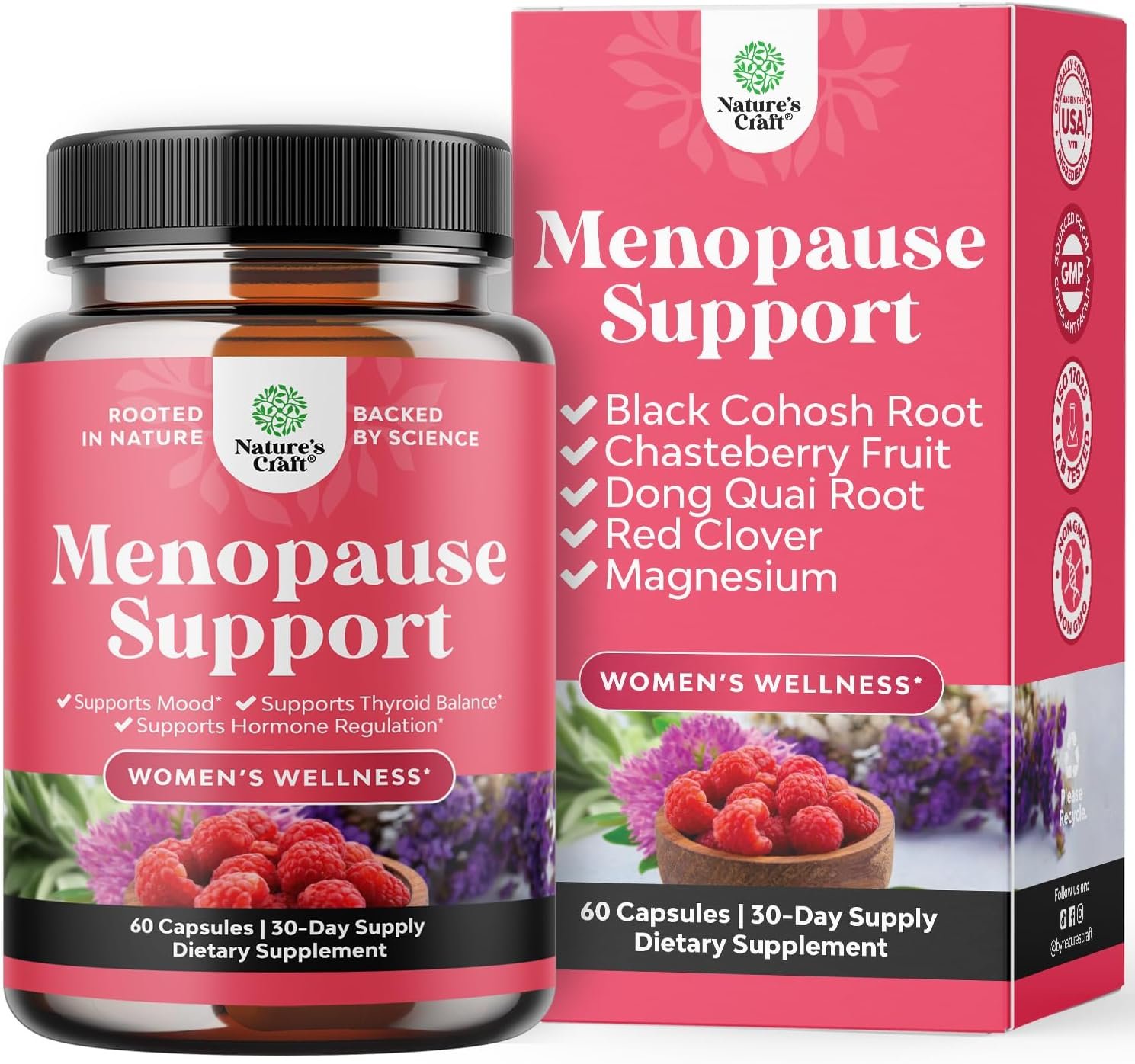 Natures Craft Complete Herbal Menopause Supplement for Women – Female Hormone Balance Capsules for Night Sweats Hot Flashes & Mood Swings with Dong Quai, Chaste Berry & Black Cohosh Root – 60 Count
