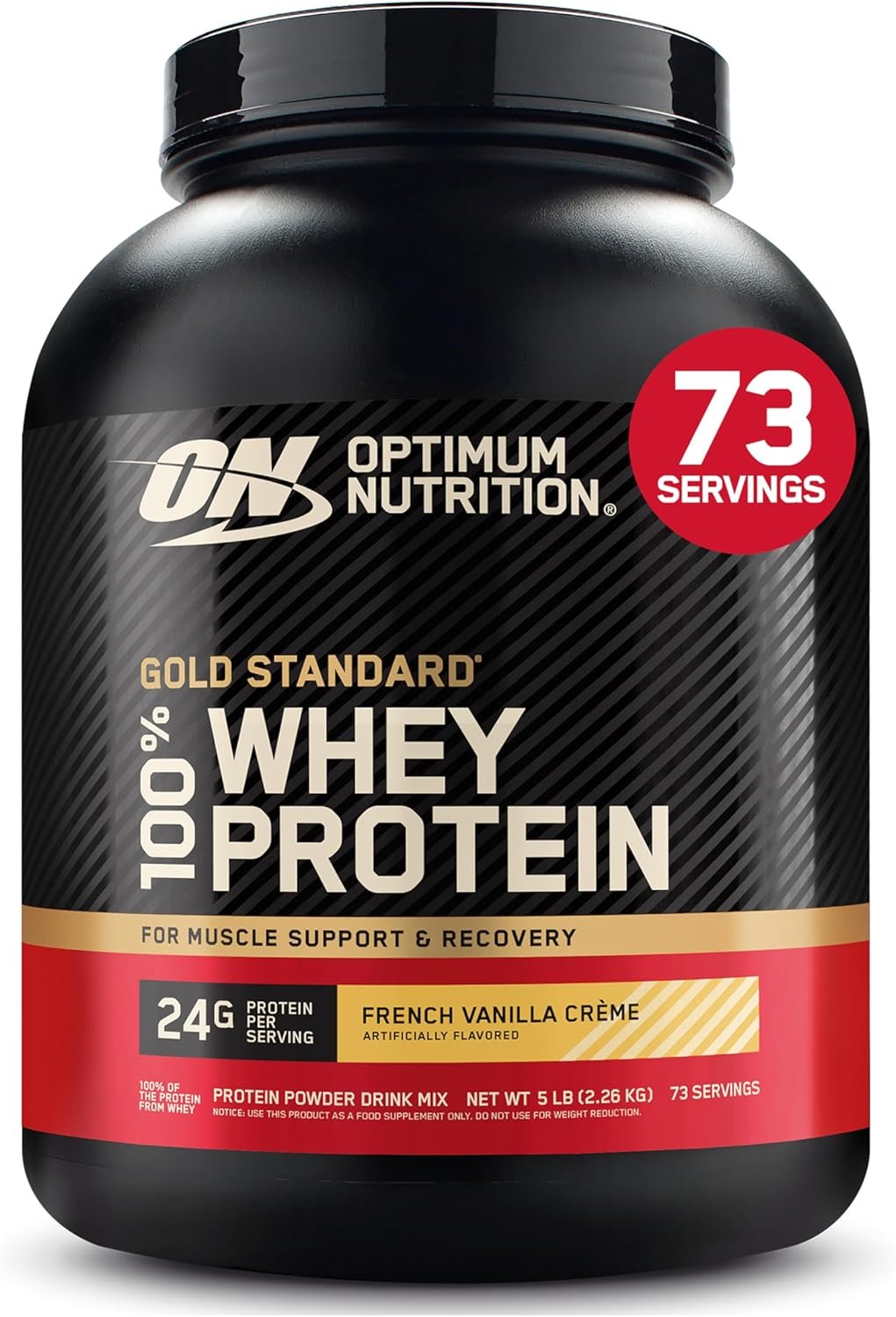 Optimum Nutrition Gold Standard 100% Whey Protein Powder, French Vanilla Crème, 5 Pound (Packaging May Vary) | 24g of 100% Whey Protein Powder Per Serving, with BCAAs, Gluten Free, Banned Substance Tested, Easy Mixing, Muscle Support