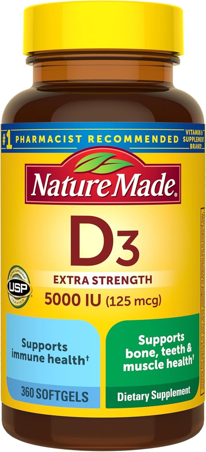 Nature Made Vitamin D3 5000 IU (125 mcg), 360 Vitamin D Softgels | Extra Strength Vitamin D Supplement for Immune, Bone, Teeth and Muscle Health Support, 360 Day Supply