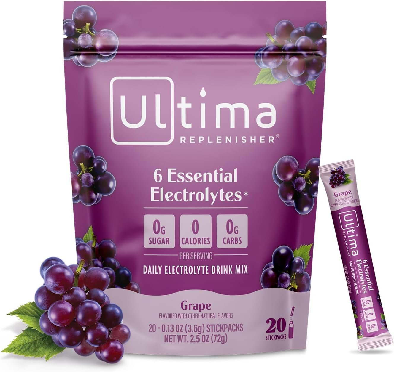 Ultima Replenisher Grape Electrolyte Packets, 20 Stickpacks | Daily Zero Sugar Powder Hydration Packets with 6 Key Electrolytes & Minerals – Sugar Free & Keto Friendly