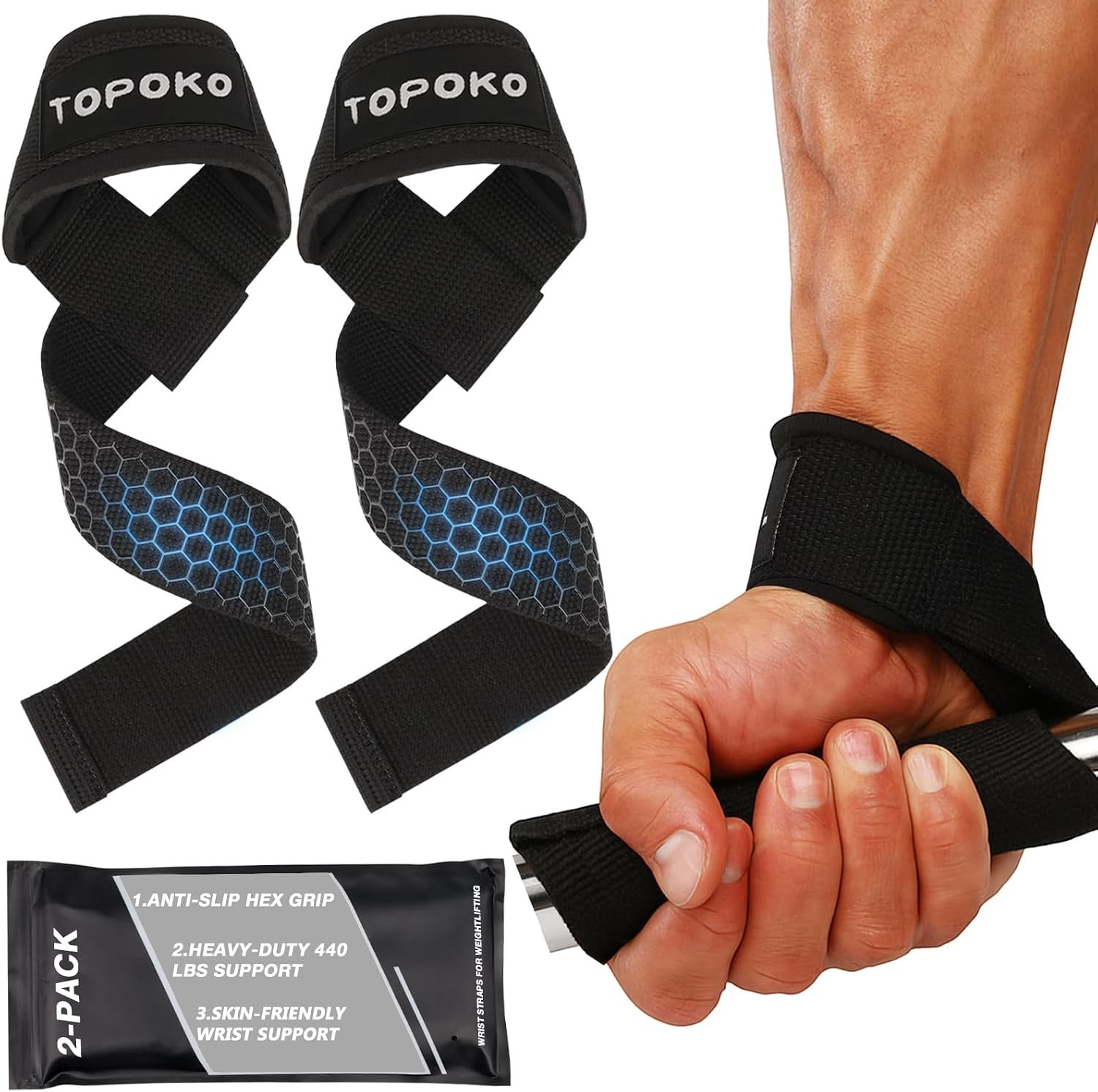 TOPOKO Lifting Wrist Straps for Weightlifting, Deadlifts, Powerlifting & Strength Training – 21.2” Cotton Workout Straps with Neoprene Padding & Non-Slip Hex Grip – Gym Straps for Men & Women