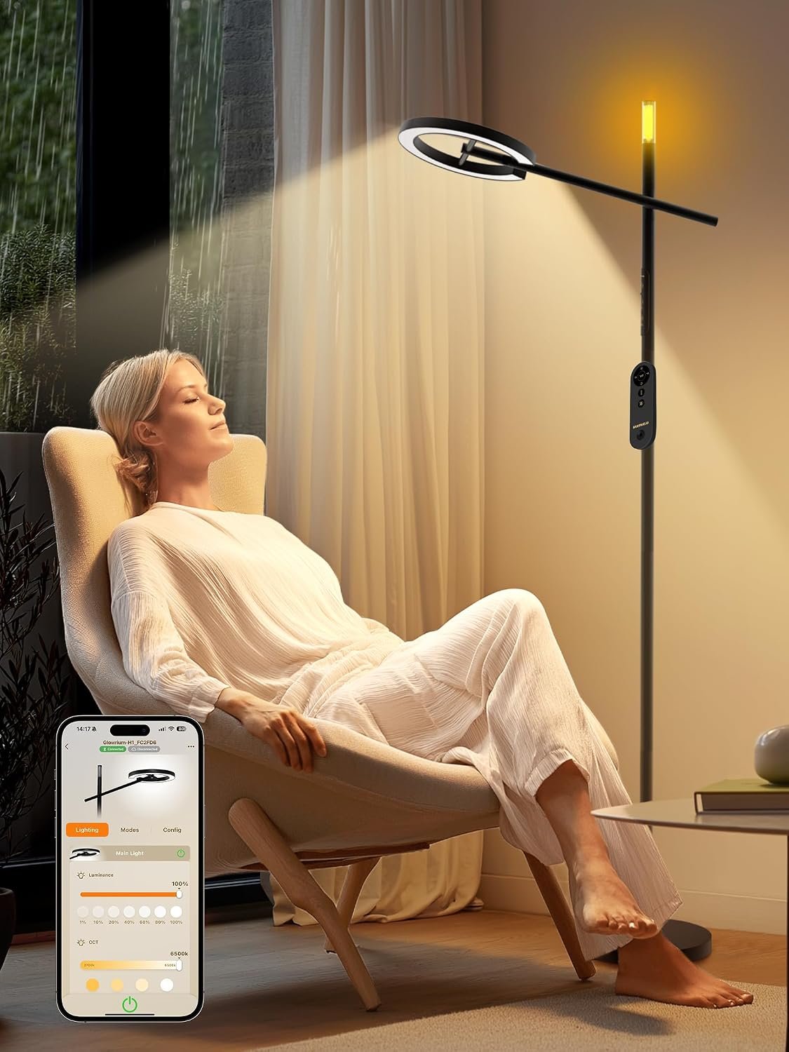 GLOWRIUM Smart LED Light Therapy Lamp, 10000 Lux Full Spectrum Floor Lamp | 71″ Tall Dimmable Standing Lamp with Alexa /App / Remote, Auto Timer & Adjustable Color Temperatures for Living Room Reading