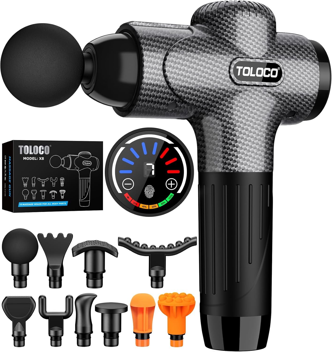 TOLOCO Massage Gun, Back Massager 10 Replacement Head for Pain Relief Deep Tissue, Percussion Massage Guns 7 Speed Level Super Quiet Electric Massager Fathers Day Dad Gifts, Carbon