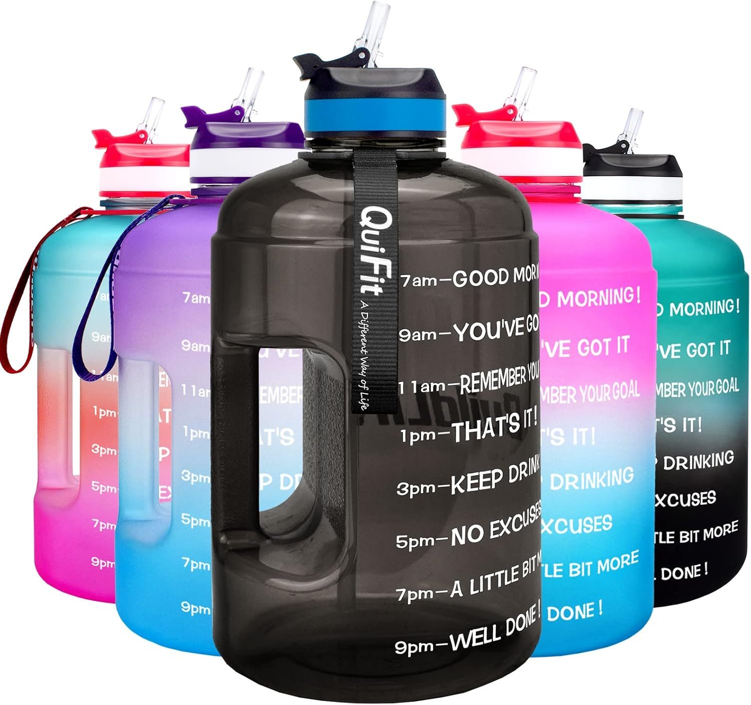 QuiFit Motivational Gallon Water Bottle – with Straw & Time Marker BPA Free Large Reusable Sport Water Jug with Handle for Fitness Outdoor Enthusiasts Leak-Proof