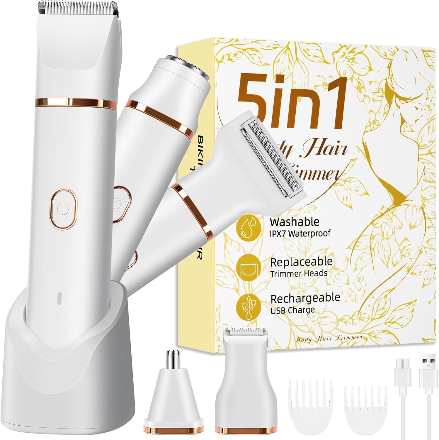 Women’s 5-in-1 Body Hair Shaver, Bikini Trimmer, IPX7 Waterproof, USB White | Pain-free shaving for legs, underarms, face, intimate, IPX7 Waterproof for wet &dry use 90min battery,