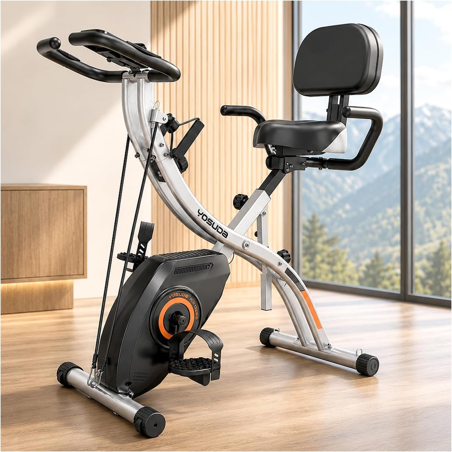 YOSUDA Folding Exercise Bike, 5 IN 1 Foldable Stationary Bike for Seniors | Upgraded Indoor Workout Bikes with 6.6 LBS Flywheel, 380 LBS Capacity and 16-Level Magnetic Resistance, Back Support Cushion