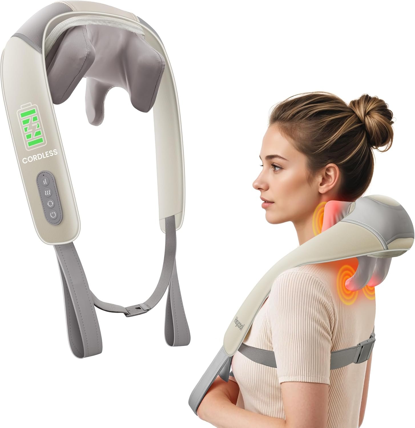 Heycool Cordless Neck Massager with Heat, FSA Eligible HSA 4D Deep Kneading Neck Shoulder Massager for Pain, Shiatsu Back Massager for Shoulder, Gifts for Mom Dad Gifts for Women, Men | Gifts for Women Men, Shiatsu Back Massager for Pain Relief, 4D Deep Tissue Kneading Shoulder Massager, Large-Capacity Battery