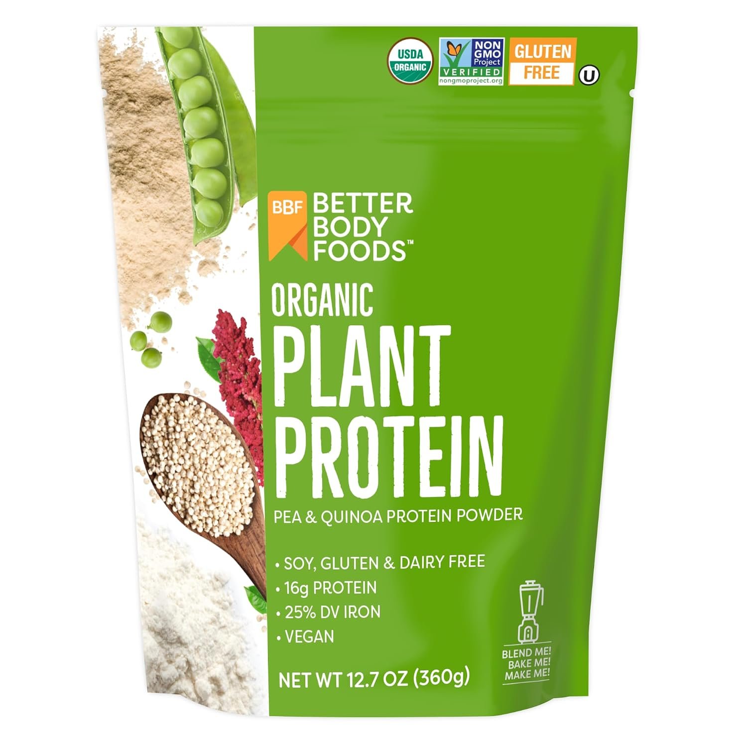 BetterBody Foods Vegan Protein Powder, Unflavored, Organic, Plant Protein Isolate, 12.7 OZ