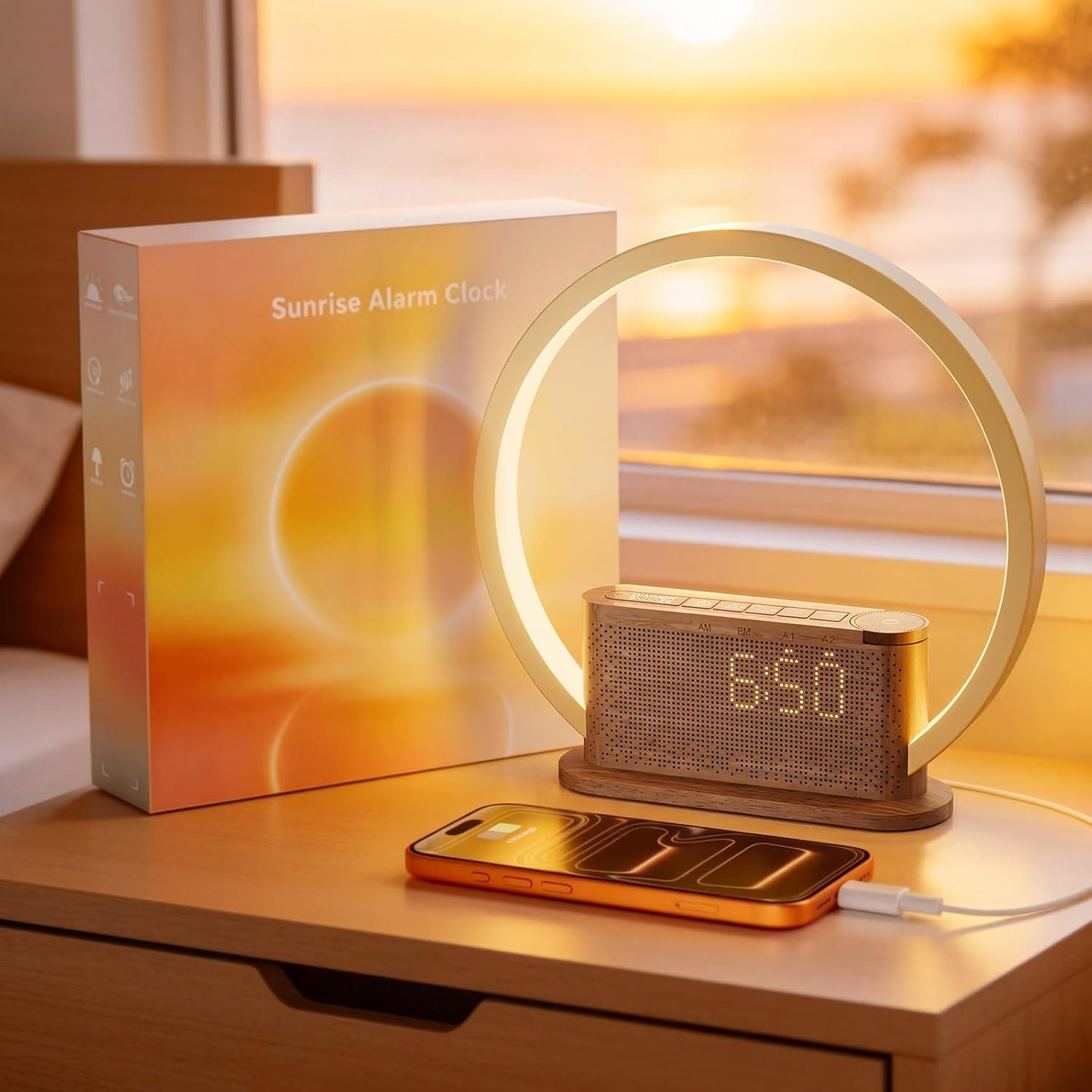 Alarm Clock Sunrise with White Noise Sound Machine – Natural Wake-Up Light, Dual Alarms & Snooze, 20 Soothing Sounds, Dimmable Clock & Night Light, for Heavy Sleepers & Adults, Deep Wood Grain