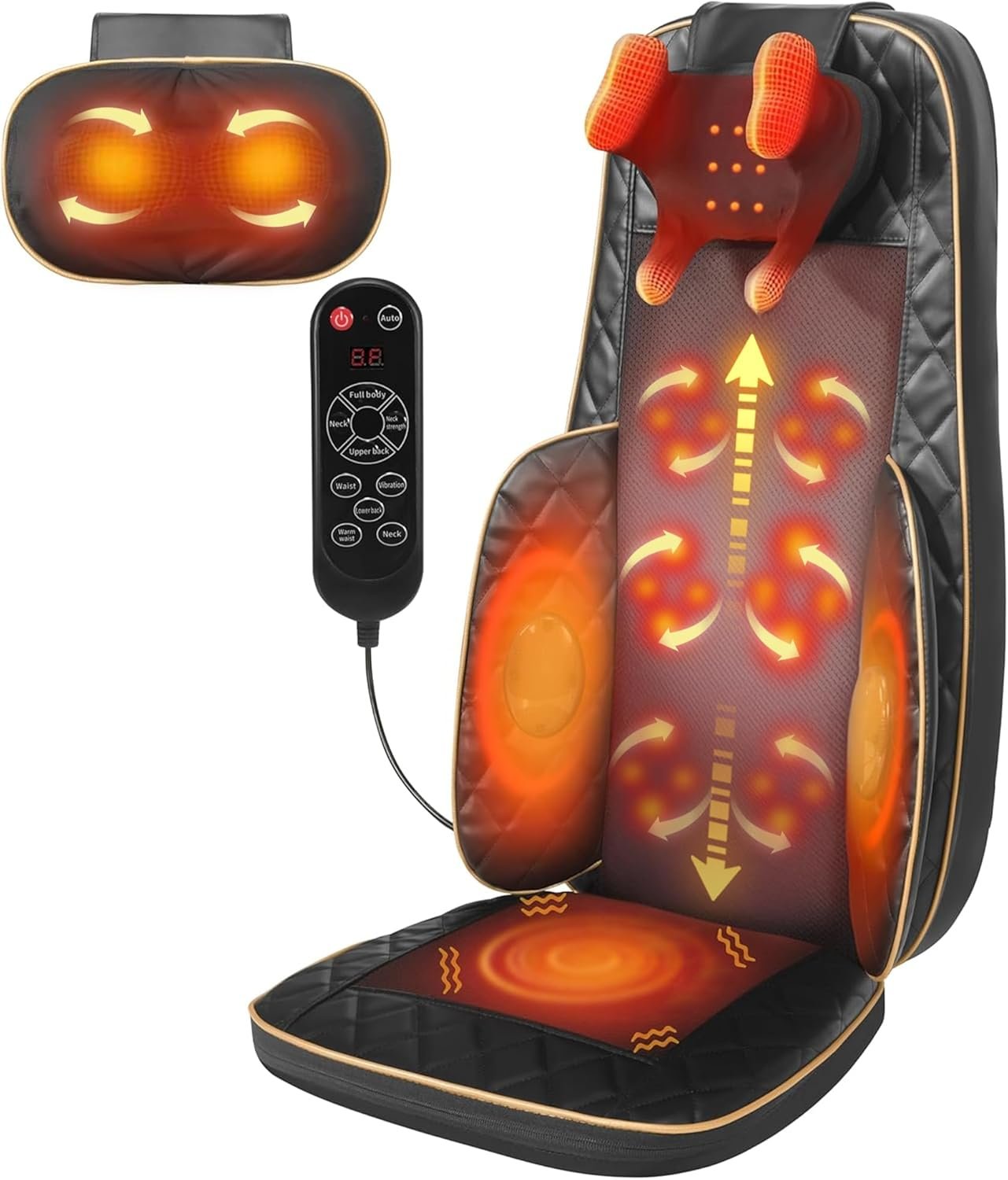 Neck and Back Massager with Heat, Shiatsu Full Back Chair Massager with 2 Detachable Neck Massage Heads, Height Adjustable Deep Kneading & Rolling Back Massage, Seat Vibration for Home Office Gifts