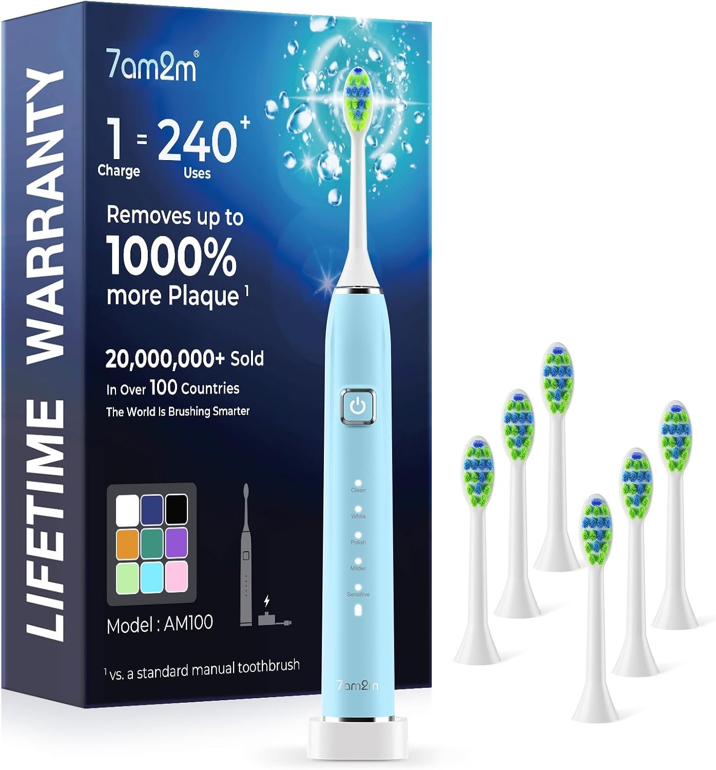 7AM2M Sonic Electric Toothbrush with 6 Brush Heads for Adults&Kids, One Charge for 120 Days, Wireless Fast Charge, 5 Modes, 40000VPM Powered Toothbrush, 2 Minutes Built in Smart Timer (Light Blue)