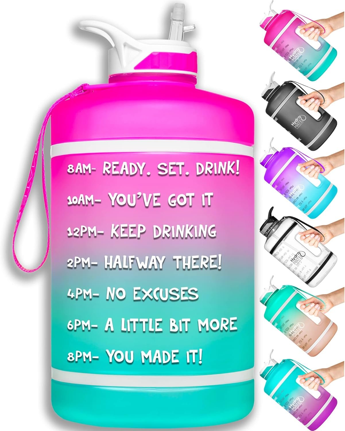 NatureWorks HydroMATE Gallon Water Bottle with Straw BPA FREE Leak Proof Reusable Water Bottle with Times to Drink Marked Hourly 128 oz