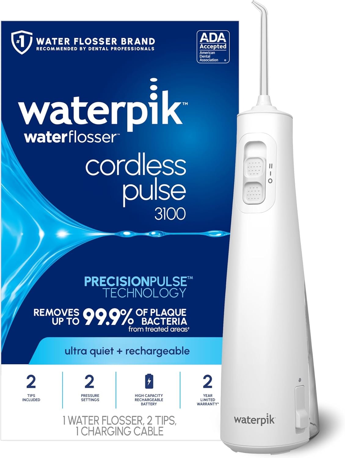 Waterpik Cordless Pulse 3100 Rechargeable Portable Water Flosser for Teeth, Gums, Braces Care and Travel with 2 Flossing Tips, Waterproof for Shower Use, ADA Accepted, WF-20 White, Amazon Exclusive