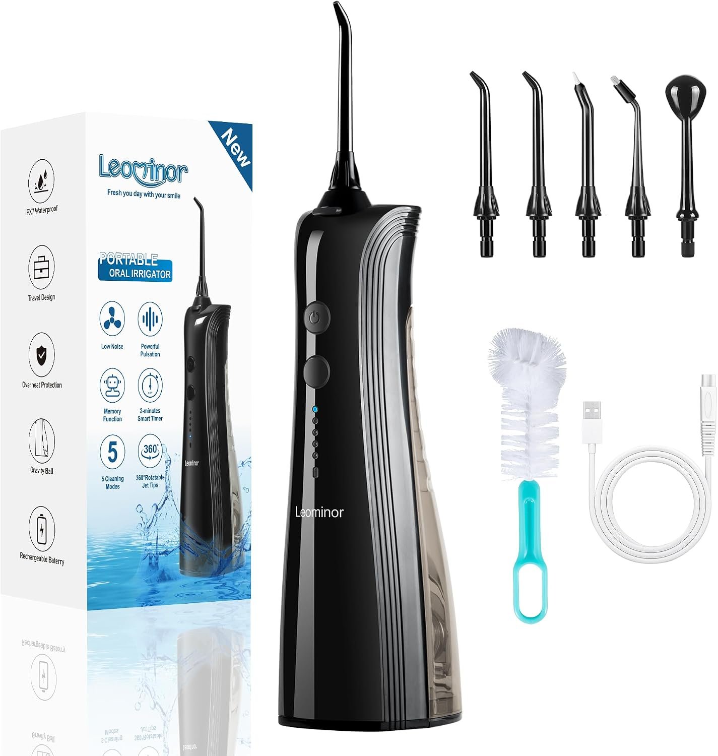 Leominor Water Dental Flosser – 5 Modes Cordless Portable Oral Irrigator, IPX7 Waterproof, Rechargeable Teeth Cleaner Upgrade Datchable Tank Professional Flossing Cleaning Pick for Home Travel (Black)