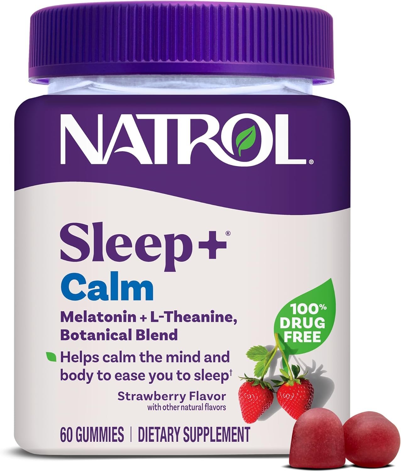 Natrol Sleep+ Calm Adults, Melatonin, L-Theanine, Strawberry, 60 Gummies | Support Sleep and Calm the Mind, 100% Drug-Free, Non-Habit Forming, L-Theanine, Chamomile, Lavendar & Lemon Balm