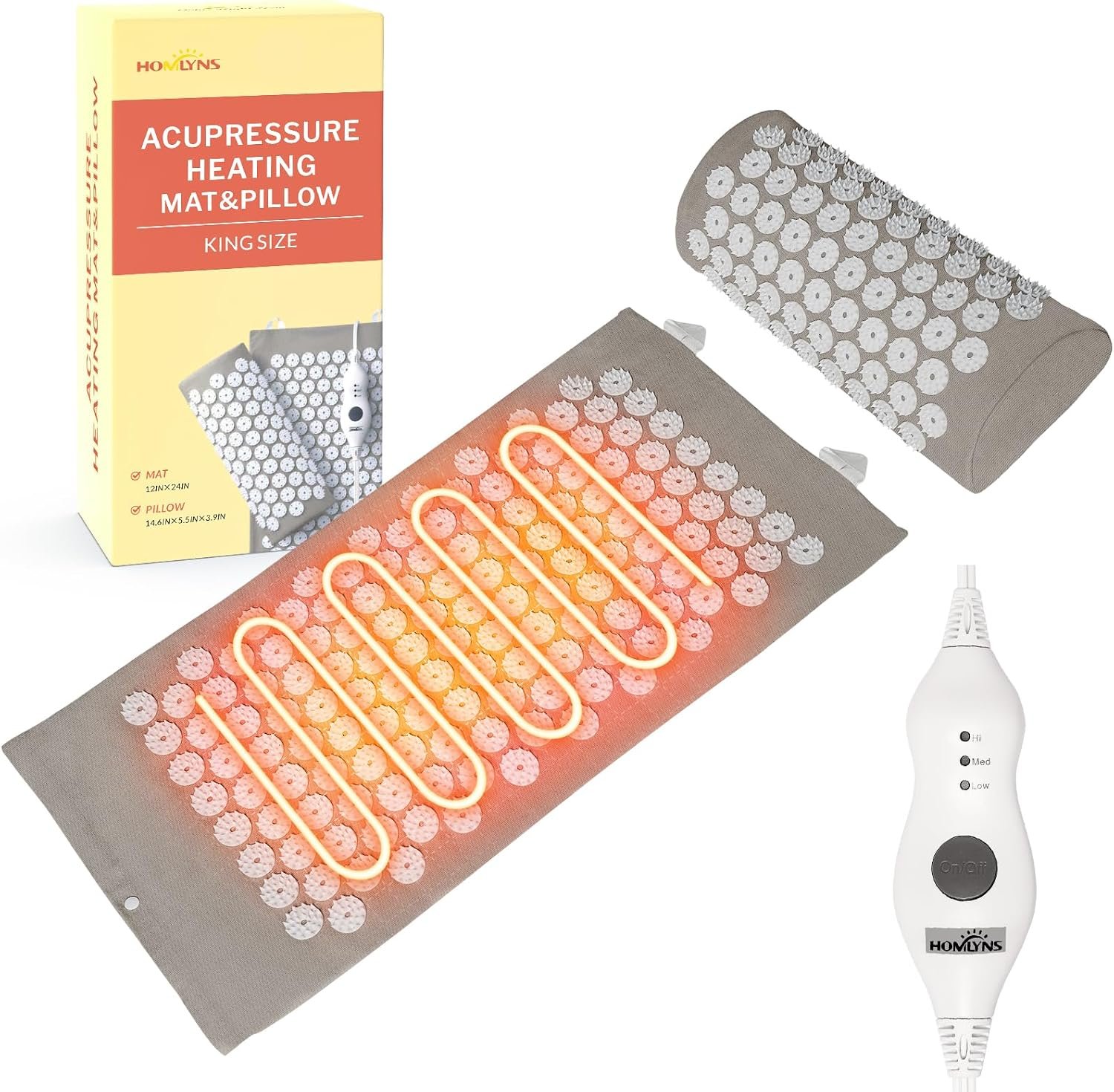 HOMLYNS Heated Acupressure Mat, 3 Heat Levels, 2-Hour Auto-Off | Cotton cover, detachable power cord, washable design, mat and pillow set in grey