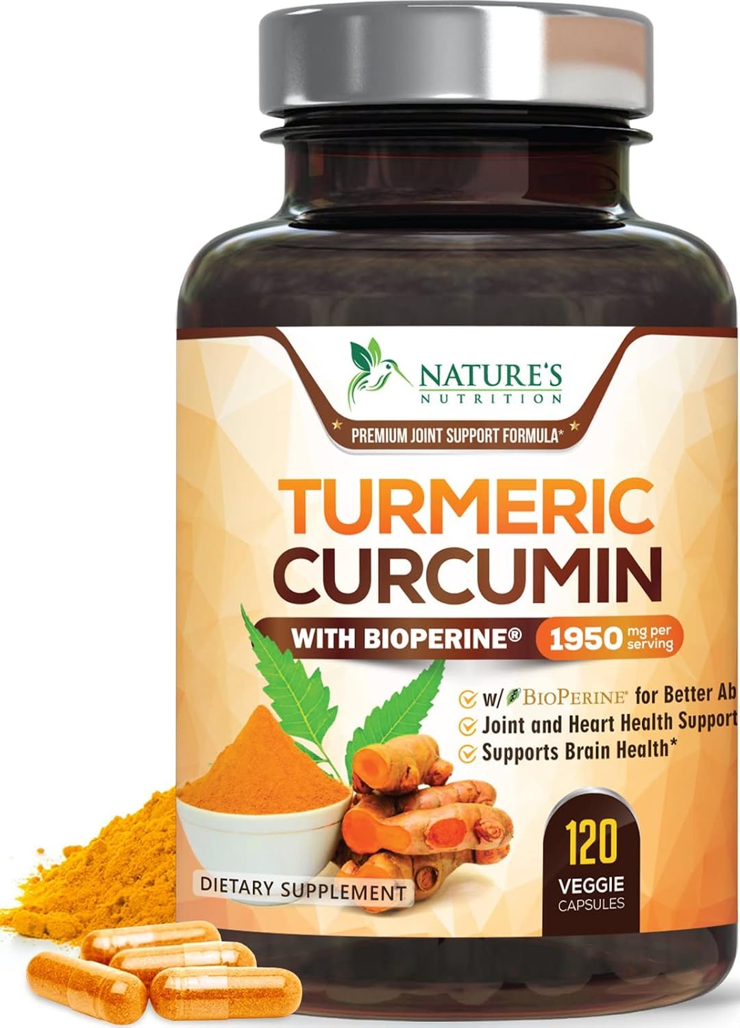 Turmeric Curcumin Supplement 95% Curcuminoids 1950mg with Organic Turmeric & BioPerine Black Pepper Extract for Best Absorption, Natural Vegan Joint Support, Non-GMO, Bottled in USA – 120 Capsules