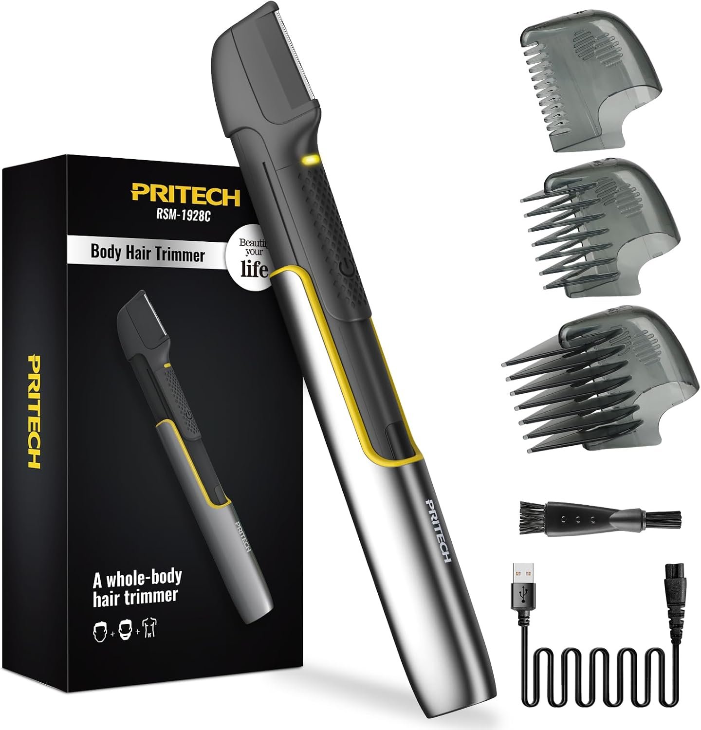 PRITECH Body & Pubic Hair Trimmer for Men Electric Back Shaver for Men | V-Shaped Head, Easy Clean, Waterproof Wet & Dry, Extendable Handle, USB Fast Rechargeable